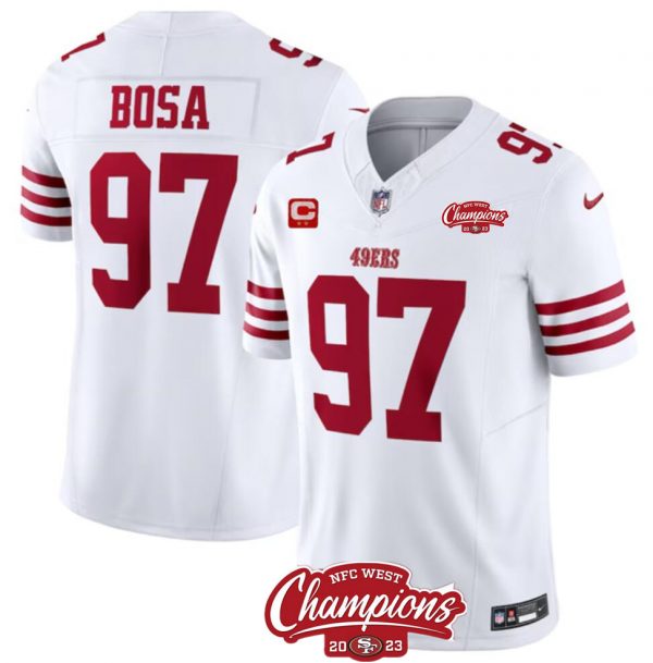 Men San Francisco 49ers #97 Nick Bosa White 2023 F.U.S.E. With 2-star C Patch And NFC West Champions Patch Stitched Football Jersey