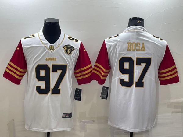 Men San Francisco 49ers #97 Nick Bosa White Gold With 75th Anniversary Patch Stitched Jersey