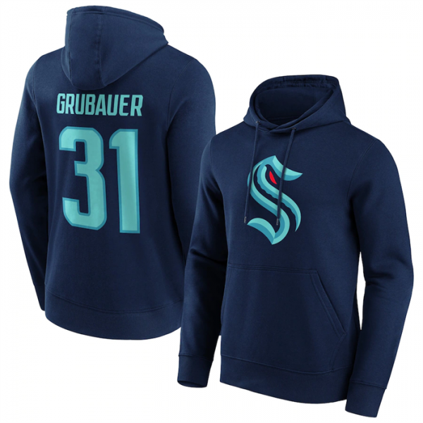 Men Seattle Kraken #31 Philipp Grubauer Navy Pullover Hoodie