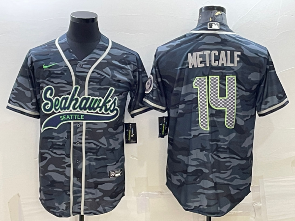 Men Seattle Seahawks #14 DK Metcalf Grey Camo With Patch Cool Base Stitched Baseball Jersey