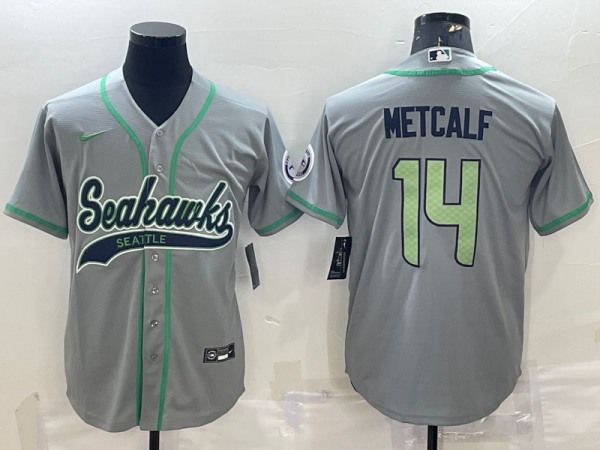 Men Seattle Seahawks #14 DK Metcalf Grey With Patch Cool Base Stitched Baseball Jersey
