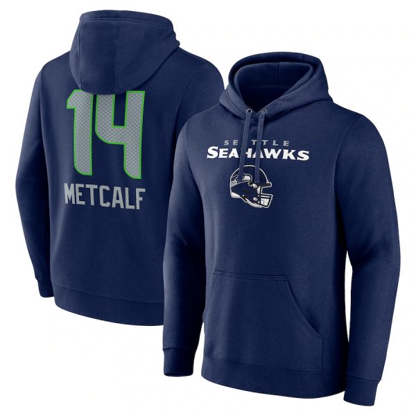 Men Seattle Seahawks #14 DK Metcalf Navy Team Wordmark Player Name & Number Pullover Hoodie