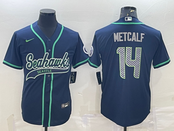 Men Seattle Seahawks #14 DK Metcalf Navy With Patch Cool Base Stitched Baseball Jersey