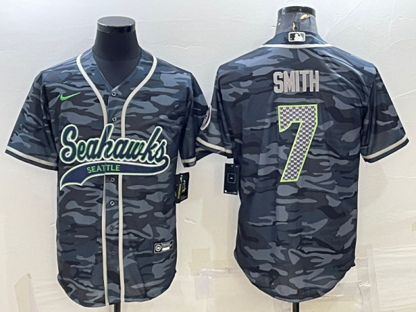 Men Seattle Seahawks #7 Geno Smith Grey Camo With Patch Cool Base Stitched Baseball Jersey