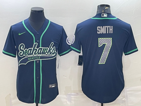 Men Seattle Seahawks #7 Geno Smith Navy With Patch Cool Base Stitched Baseball Jersey