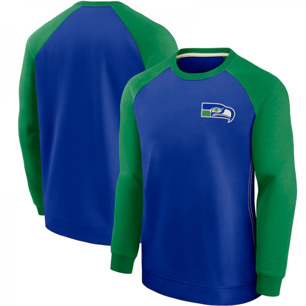 Men Seattle Seahawks Blue/Green Historic Raglan Crew Performance Sweater