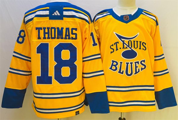 Men St. Louis Blues #18 Robert Thomas Yellow 2022-23 Reverse Retro Stitched Jersey