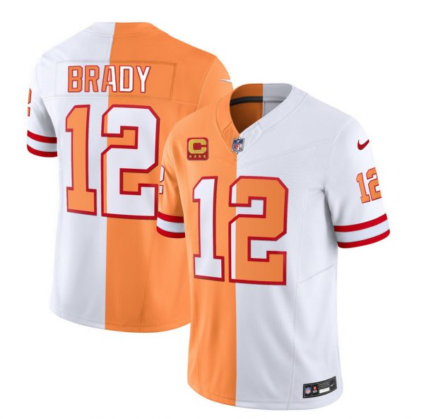 Men Tampa Bay Buccaneers #12 Tom Brady 2023 F.U.S.E. White/Gold With 4-Star C Patch Split Throwback Limited Stitched Jersey