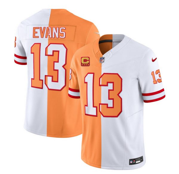Men Tampa Bay Buccaneers #13 Mike Evans 2023 F.U.S.E. White/Gold With 4-Star C Patch Split Throwback Limited Stitched Jersey