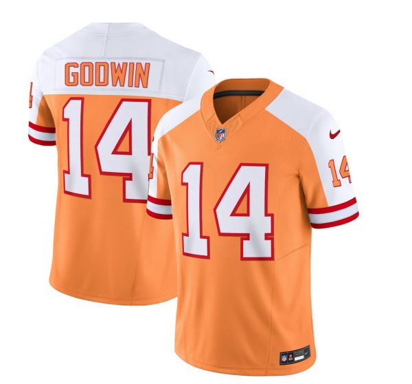 Men Tampa Bay Buccaneers #14 Chris Godwin 2023 F.U.S.E. White/Gold With 4-Star C Patch Throwback Limited Stitched Jersey