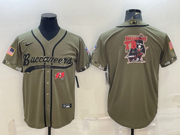 Men Tampa Bay Buccaneers Olive 2022 Salute To Service Team Big Logo Cool Base Stitched Baseball Jersey 001
