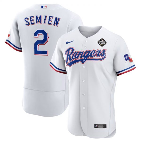 Men Texas Rangers #2 Marcus Semien White 2023 World Series Flex Base Stitched Baseball Jersey