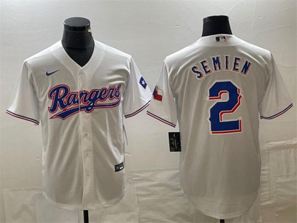 Men Texas Rangers #2 Marcus Semien White With Patch Cool Base Stitched Baseball Jersey