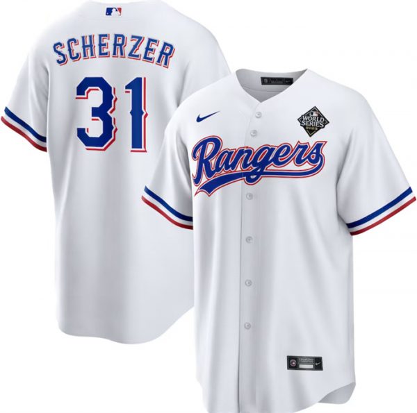 Men Texas Rangers #31 Max Scherzer 2023 White World Series Stitched Baseball Jersey