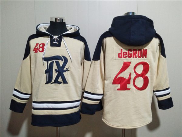 Men Texas Rangers #48 Jacob DeGrom Cream Ageless Must-Have Lace-Up Pullover Hoodie