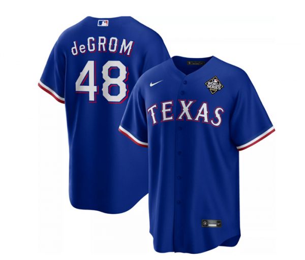 Men Texas Rangers #48 Jacob deGrom Royal 2023 World Series Cool Base Stitched Baseball Jersey
