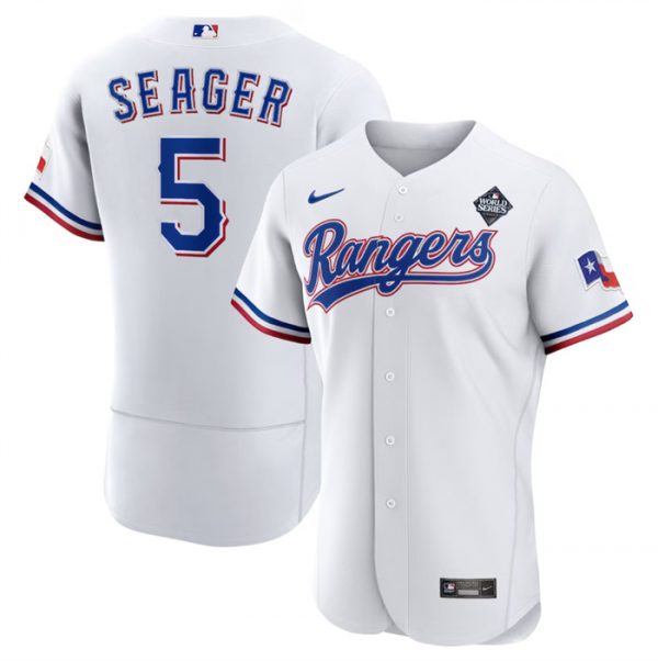 Men Texas Rangers #5 Corey Seager White 2023 World Series Flex Base Stitched Baseball Jersey