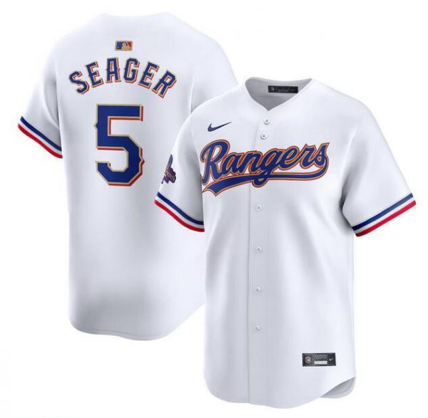 Men Texas Rangers #5 Corey Seager White 2024 Gold Collection Cool Base Stitched Baseball Jersey