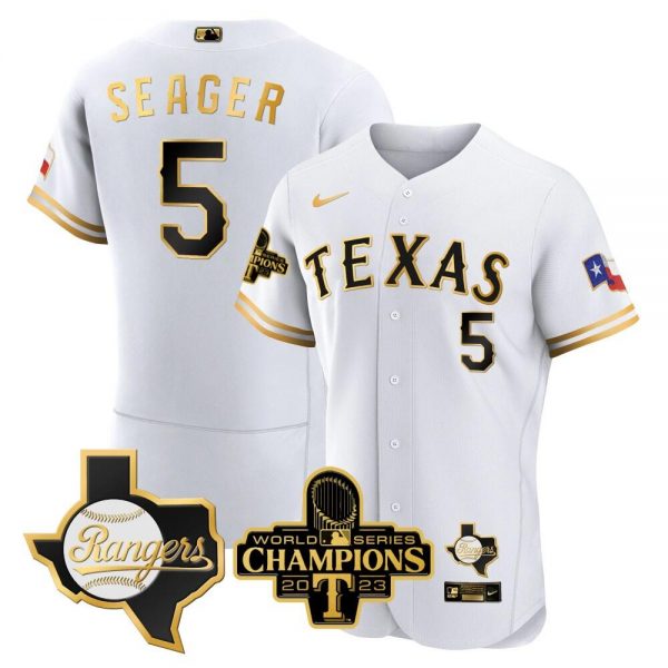 Men Texas Rangers #5 Corey Seager White Gold 2023 World Series Flex Base Stitched Baseball Jersey
