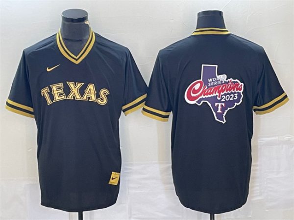 Men Texas Rangers Black 2023 World Series Champions Big Logo Cool Base Stitched Baseball Jersey