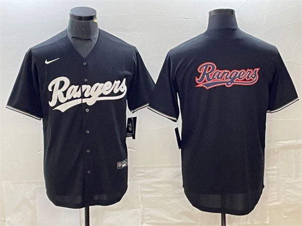 Men Texas Rangers Black Team Big Logo Cool Base Stitched Baseball Jersey