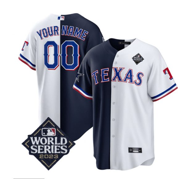 Texas Rangers & Cowboys Active Player Custom Navy/White Splite 2023 World Series Splite Stitched Baseball Jersey