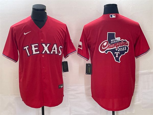 Men Texas Rangers Red 2023 World Series Champions Big Logo With Patch Cool Base Stitched Baseball Jersey