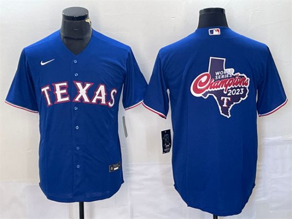 Men Texas Rangers Royal 2023 World Series Champions Big Logo Cool Base Stitched Baseball Jersey