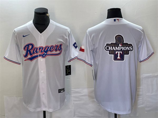 Men Texas Rangers White 2023 World Series Champions Big Logo With Patch Cool Base Stitched Baseball Jersey