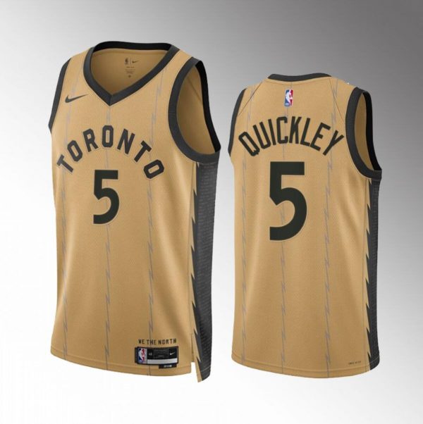 Men Toronto Raptors #5 Immanuel Quickley Gold 2023/24 City Edition Stitched Basketball Jersey