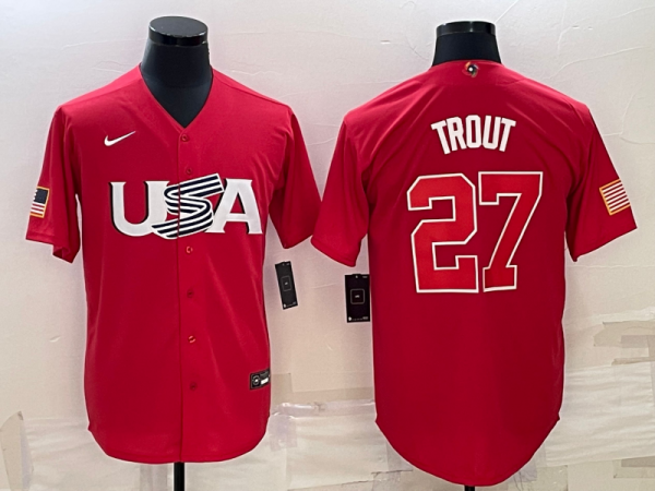 Men USA Baseball #27 Mike Trout 2023 Red World Baseball Classic Stitched Jersey