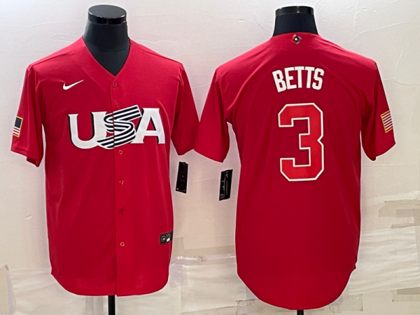 Men USA Baseball #3 Mookie Betts 2023 Red World Baseball Classic Stitched Jersey