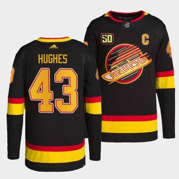 Men Vancouver Canucks #43 Quinn Hughes Black Retro With 50th Anniversary Patch Stitched Jersey