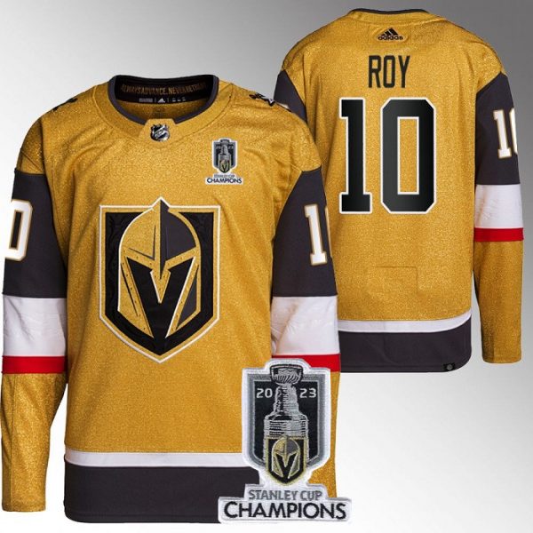 Men Vegas Golden Knights #10 Nicolas Roy Gold 2023 Stanley Cup Champions Stitched Jersey