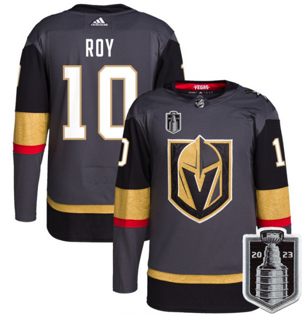 Men Vegas Golden Knights #10 Nicolas Roy Gray 2023 Stanley Cup Final Stitched Jersey