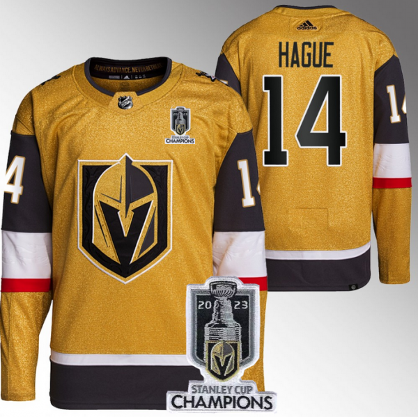 Men Vegas Golden Knights #14 Nicolas Hague Gold 2023 Stanley Cup Champions Stitched Jersey