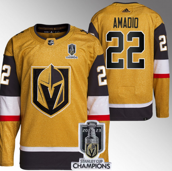 Men Vegas Golden Knights #22 Michael Amadio Gold 2023 Stanley Cup Champions Stitched Jersey