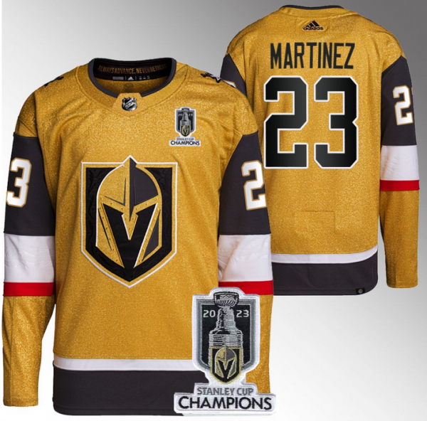 Men Vegas Golden Knights #23 Alec Martinez Gold 2023 Stanley Cup Champions Stitched Jersey