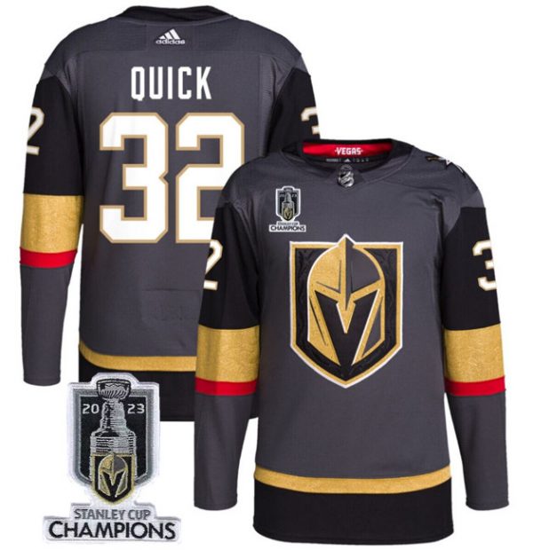 Men Vegas Golden Knights #32 Jonathan Quick Grey 2023 Stanley Cup Champions Stitched Jersey