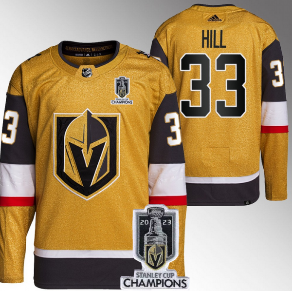 Men Vegas Golden Knights #33 Adin Hill Gold 2023 Stanley Cup Champions Stitched Jersey