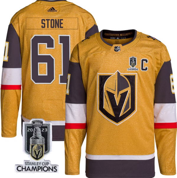 Men Vegas Golden Knights #61 Mark Stone Gold 2023 Stanley Cup Champions Stitched Jersey