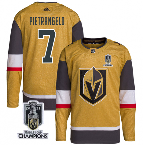 Men Vegas Golden Knights #7 Alex Pietrangelo Gold 2023 Stanley Cup Champions Stitched Jersey