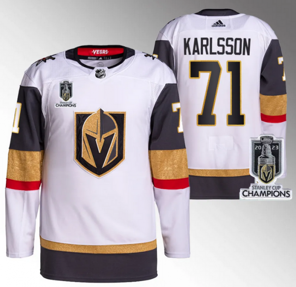 Men Vegas Golden Knights #71 William Karlsson White 2023 Stanley Cup Champions Stitched Jersey