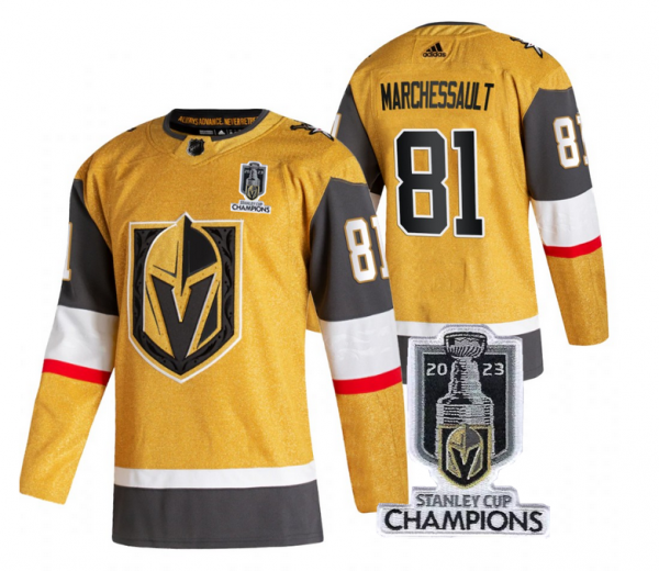 Men Vegas Golden Knights #81 Jonathan Marchessault Gold 2023 Stanley Cup Champions Stitched Jersey