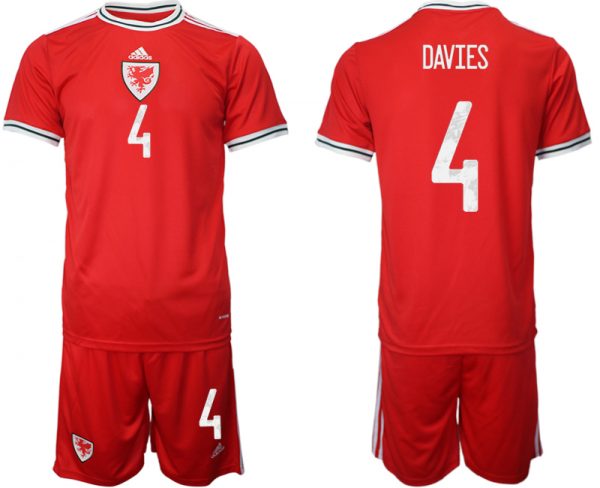 Men Wales #4 Davies Red Home Soccer Jersey Suit