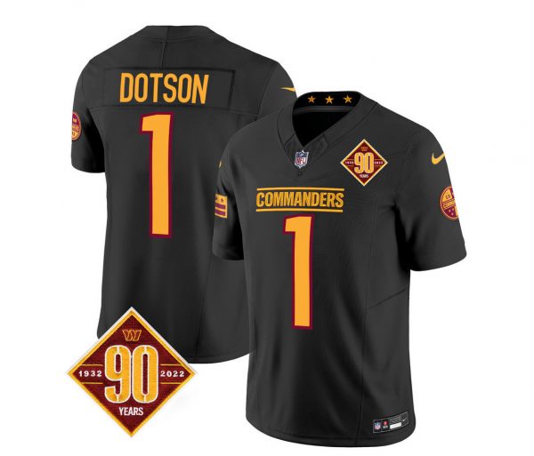 Men Washington Commanders #1 Jahan Dotson Black 2023 F.U.S.E. 90th Anniversary Vapor Limited Stitched Football Jersey