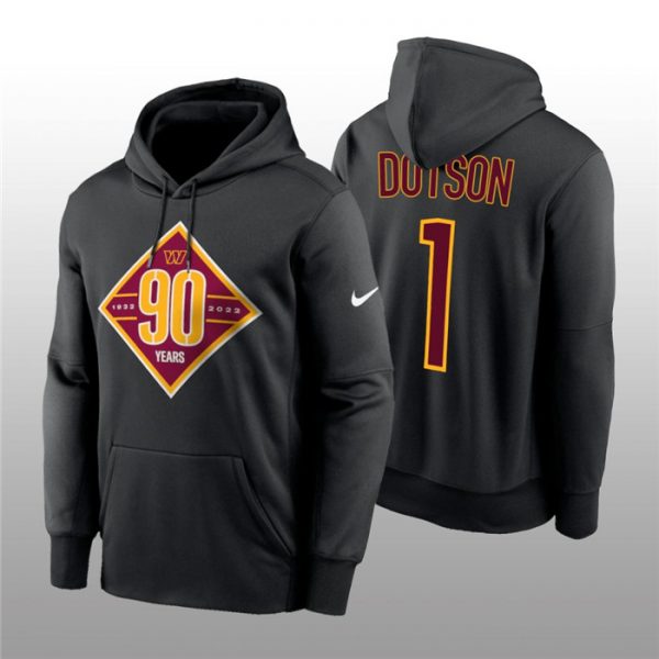 Men Washington Commanders #1 Jahan Dotson Black 90th Anniversary Performance Pullover Hoodie