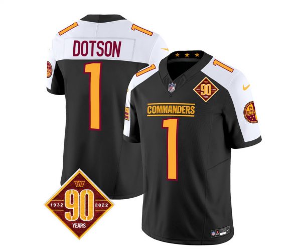 Men Washington Commanders #1 Jahan Dotson Black/White 2023 F.U.S.E. 90th Anniversary Vapor Limited Stitched Football Jersey
