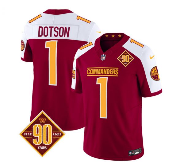 Men Washington Commanders #1 Jahan Dotson Burgundy/White 2023 F.U.S.E. 90th Anniversary Vapor Limited Stitched Football Jersey
