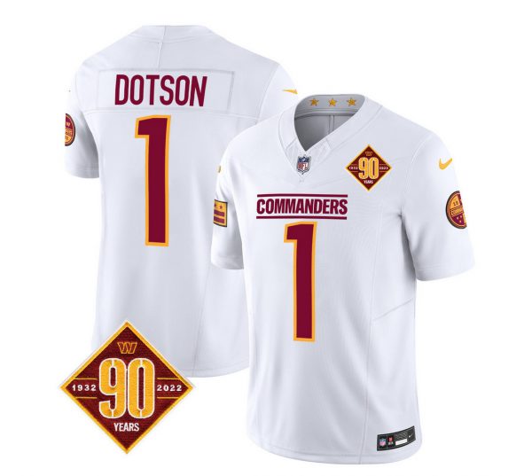 Men Washington Commanders #1 Jahan Dotson White 2023 F.U.S.E. 90th Anniversary Vapor Limited Stitched Football Jersey
